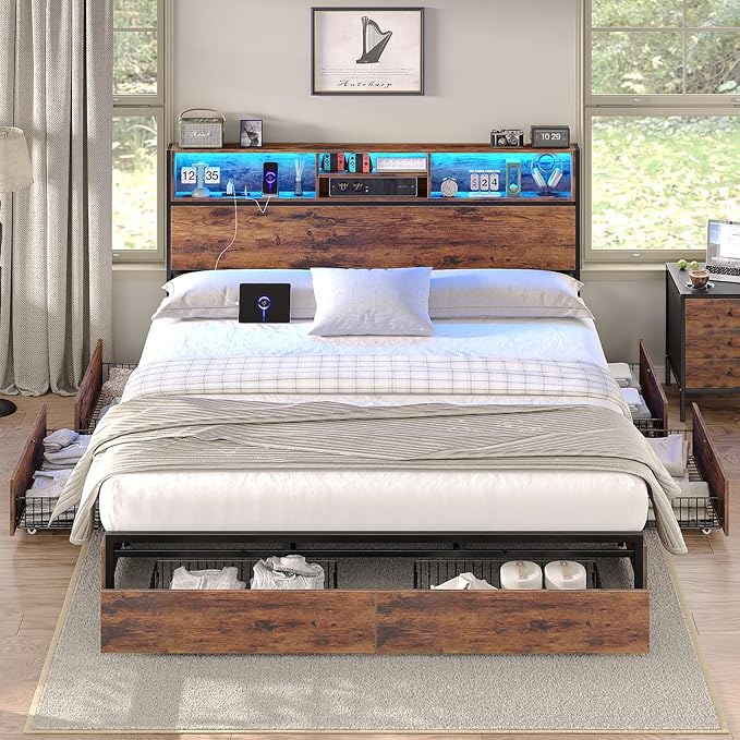King Size Bed Frame with LED Headboard & Charging Ports, Rustic Wood Platform King Bed Frame with 6 Storage Drawers and Display Shelf, Heavy-Duty Metal Frame, No Box Spring Needed, Brown