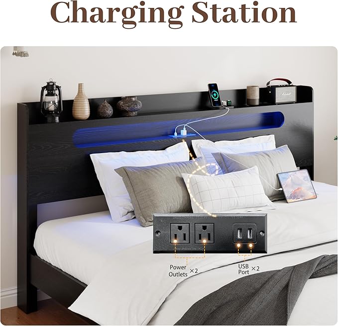 Wooden Queen Size Bed Frame with Storage Headboard, Farmhouse Platform Bedframe with Charging Station & Led Lights, Sturdy Wood Slat Framework, Easy Assembly (Rustic Black)