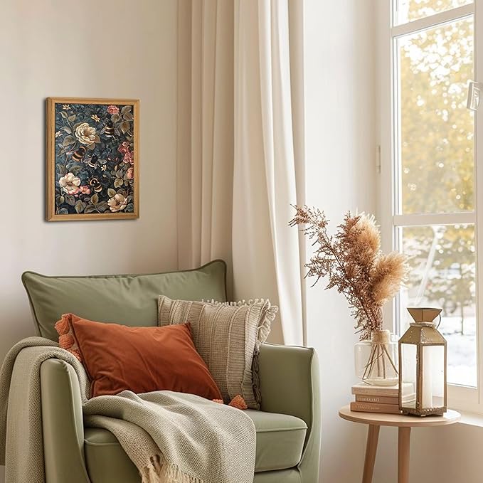 Framed 3D Textured Vintage Wall Art - Dark Academia Bumble Bee Hand Drawn Sandstone Paintings with Botanical Florals, Aesthetic Wall Decor for Living Room Bedroom Home 8x10 inch