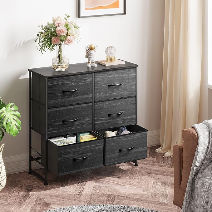 WLIVE Black Dresser for Bedroom, 6 Drawer Double Dresser, Fabric Storage Tower with Fabric Bins, Chest of Drawers for Closet, Living Room, Hallway