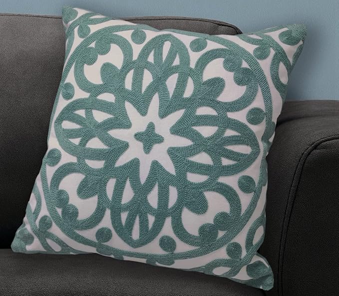 Alysheer Embroidered Decorative Throw Pillow Cover 18x18 inch, Cozy Cool Boho Mandala Chic Knit Pattern, Durable 100% Cotton Cushion Case for Sofa Couch Living Room Bedroom Office Gifts (Aqua Blue)