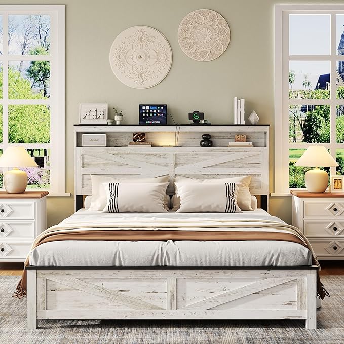 Farmhouse Queen Size Bed Frame with Headboard Storage Shelf, Wood Platform Bed Frame with LED Lights & Charging Station, Rustic White Metal Bed, No Box Spring Needed, Noise-Free Sturdy Structure