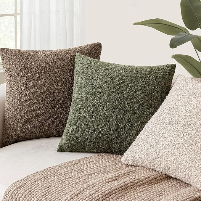 Foindtower Set of 2, Decorative Textured Boucle Throw Pillow Covers Accent Solid Pillow Cases Soft Cozy Couch Cushion Case for Chair Sofa Bedroom Living Room Home Decor 26x26 Inch Light Brown