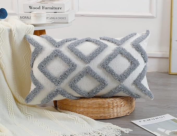 Diamond Pattern Long Pillow Covers 12 x 26,Plush Chenille Decorative Long Lumbar Pillow Case Pillow Covers Cushion Case for Sofa Couch Bed Livingroom Farmhouse,Modern Boho,Grey