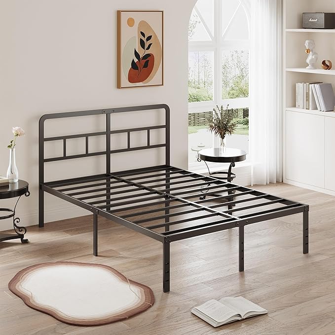 16 Inch Queen Bed Frame with Headboard No Box Spring Needed, Heavy Duty Metal Queen Size Platform with Steel Slat, Mattress Foundation, Easy Assembly, No Noise, Black