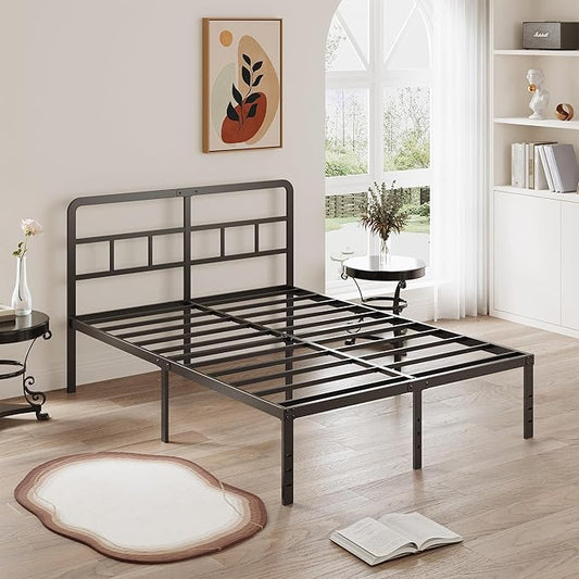 16 Inch Queen Bed Frame with Headboard No Box Spring Needed, Heavy Duty Metal Queen Size Platform with Steel Slat, Mattress Foundation, Easy Assembly, No Noise, Black