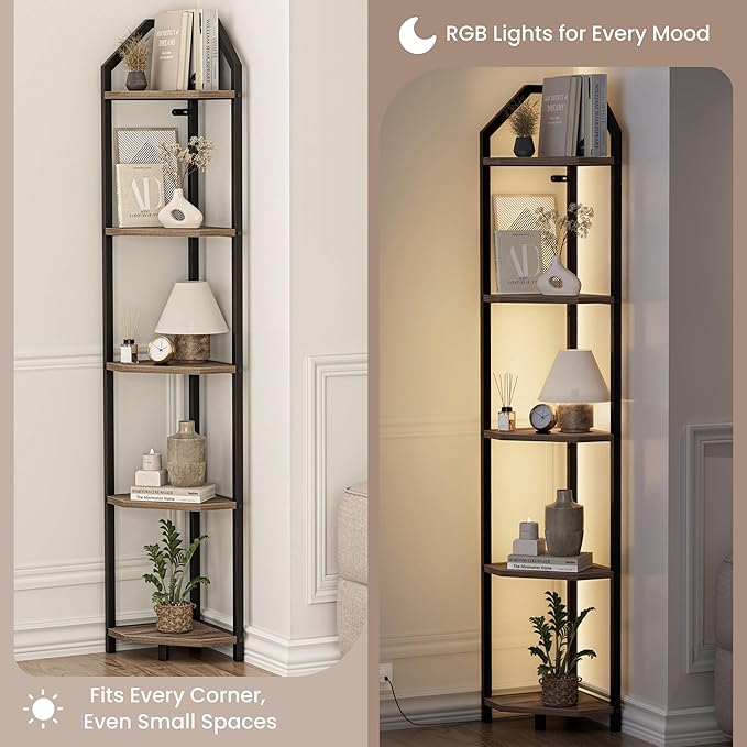 70 Inch Corner Shelf with LED Lights, 5-Tier Corner Bookshelf for Small Spaces, Wood & Metal Storage Rack for Bedroom, Living Room, Office - Modern Space Saving Design-Grey