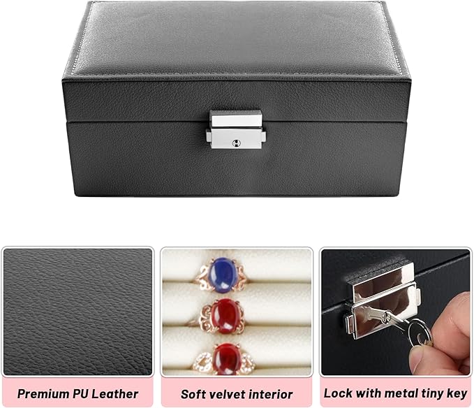 Homeanda Jewelry box 2 layer Jewelry box Leather Jewelry boxes for Women Girls Teens Jewelry organizer box Jewelry Storage box with lock(Black)