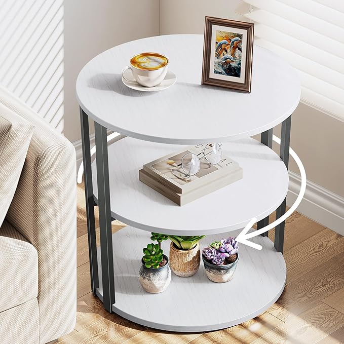 Rotating Round Side Table, 3-Tier End Table with Metal Frame, Nightstand for Small Spaces, Side Table Living Room Bedroom Sofa Bathroom, Gray-White