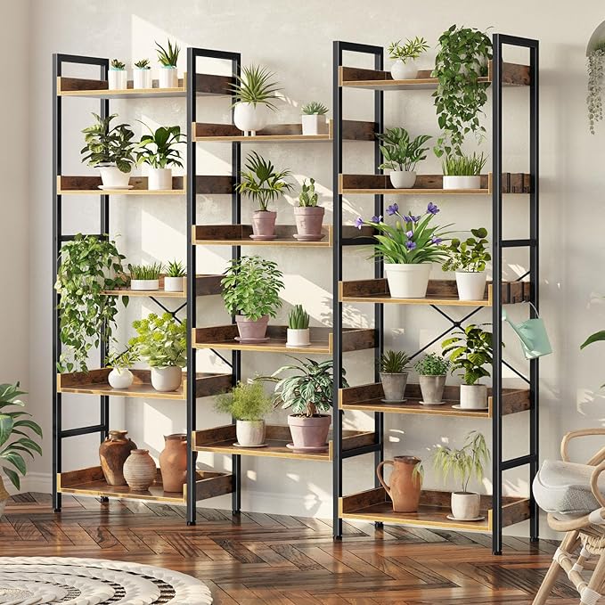 Rolanstar Bookshelf 5 Tiers, Triple Bookcase with Open Display Shelves, Industrial Wide Bookshelf with Metal Frame for Living Room, Office, Rustic Brown