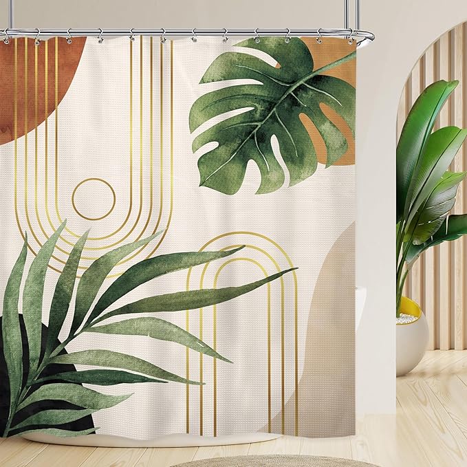 Glawry Waffle Boho Green Shower Curtain Thick Weighted Heavy Duty Abstract Mid Century Tropical Palm Leaf Modern Bathroom 72Wx72L Inches Bath Accessories Art Home Decor Fabric 12 Pack Hooks