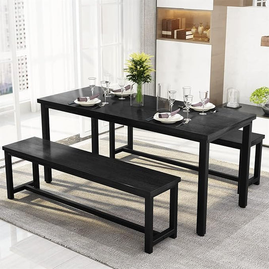 Recaceik Dining Room Table Set with 2 Benches, Kitchen Dining Table Set for 2-4 Person, Space Saving Kitchen Table and Chair Set with Metal Frame for Dining Room, Small Space, Breakfast Nook(Black)