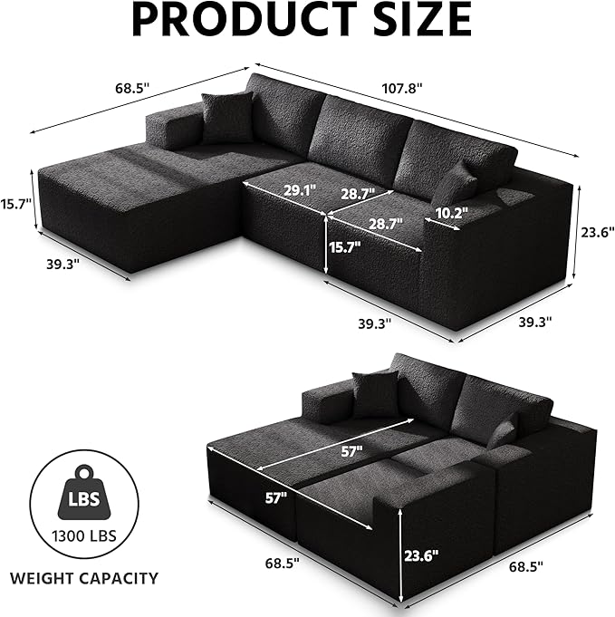 108" Cloud Modular Sectional Couch with L-Shape Chaise, Modern Sectional Sofa with Deep Seat Couch, Ultra Soft Knit Fabric Couches for Living Room, No Assembly Required, Left Facing Chaise (Black)