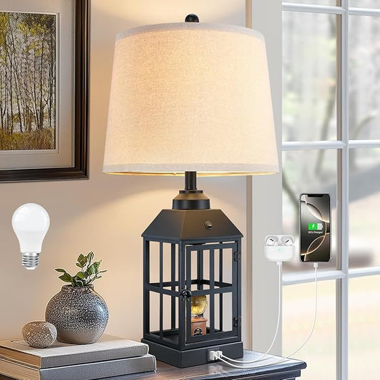25" Farmhouse Table Lamp for Living Room, Black Lamp with USB Port and Nightlight, Rustic Table Lamp for Bedroom, Bedside Lamp for Nightstand, End Table, Home, Office, LED Bulb Included