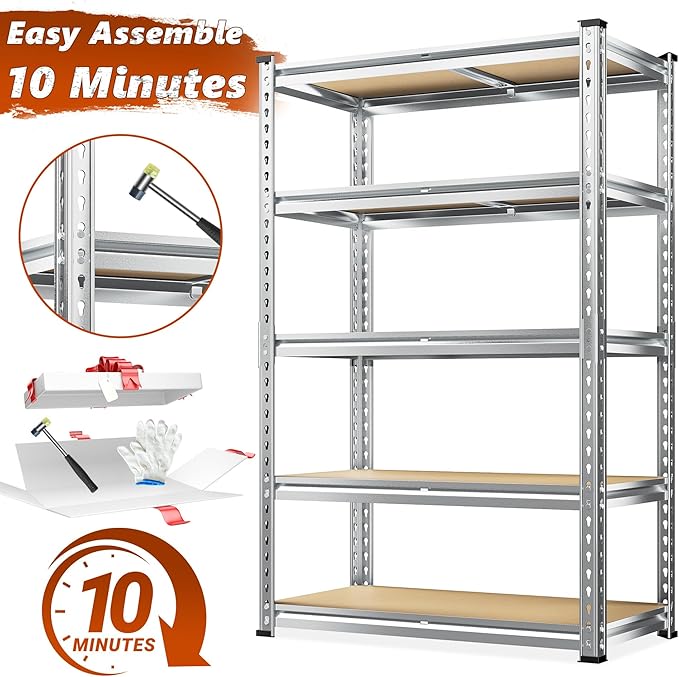 REIBII Garage Shelving, 5 Tier Storage Shelves Load 2020LBS, Adjustable Garage Shelves Heavy Duty, Metal Shelving Unit with Waterproof Columns, 35.5" W x 11.9" D x 72" H, Galvanized
