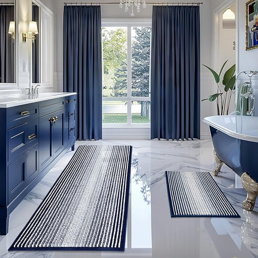 BSICPRO Bathroom Rugs and Mats Sets, 2 Piece Thick Absorbent Chenille Bath Mat Rug Set Non Slip, Soft Shaggy Bath Room Floor Mats for Bathroom, Machine Washable (Navy, 24" x 70" Plus 20" x 32")