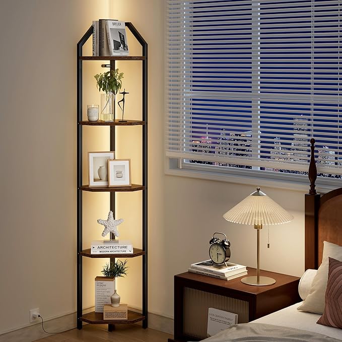 70 Inch Corner Shelf with LED Lights, 5-Tier Corner Bookshelf for Small Spaces, Wood & Metal Storage Rack for Bedroom, Living Room, Office - Modern Space Saving Design- Brown
