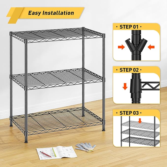 Storage Shelves Adjustable Wire Shelving Metal Wire Rack Shelving Unit Storage Shelf for Kitchen Laundry Room Pantry Closet Bathroom 24" W x 30" H x 14" D Black