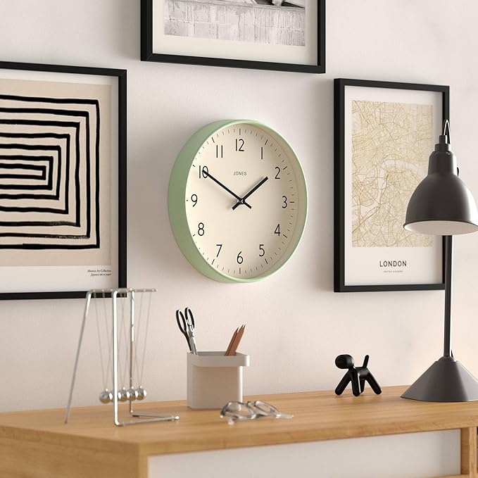JONES CLOCKS® Studio Wall Clock | Modern Round Clock | 12 inch | Neo Mint Green | Easy to Read Numbers | Versatile Design for Kitchen, Living Room or Office