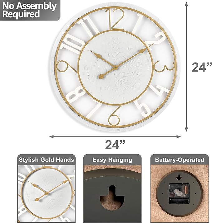 Sorbus 24-Inch Large Wall Clock – Wooden Decorative Clock for Living Room, Kitchen, Bedroom, Office – Easy to Hang Analog Wall Art (White)