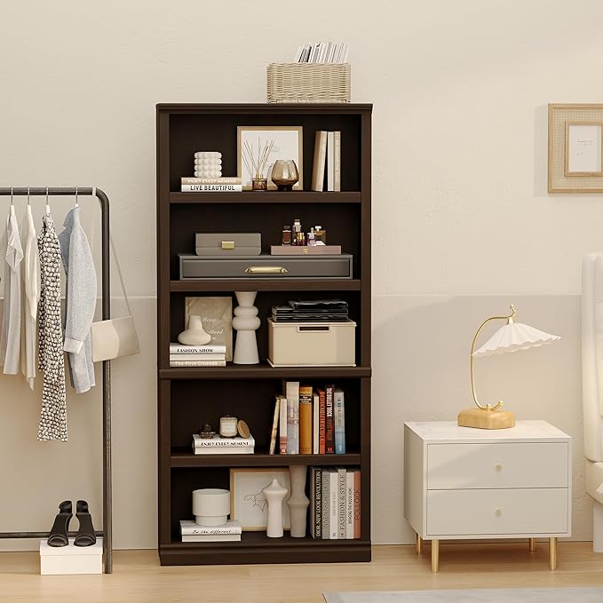 blini 5-Shelf Tall Bookcase Wooden Bookshelves 33in Wide Floor Standing Display Storage Book Shelves 70 in Dark Cherry Bookcase for Home Office, Living Room, Bed Room