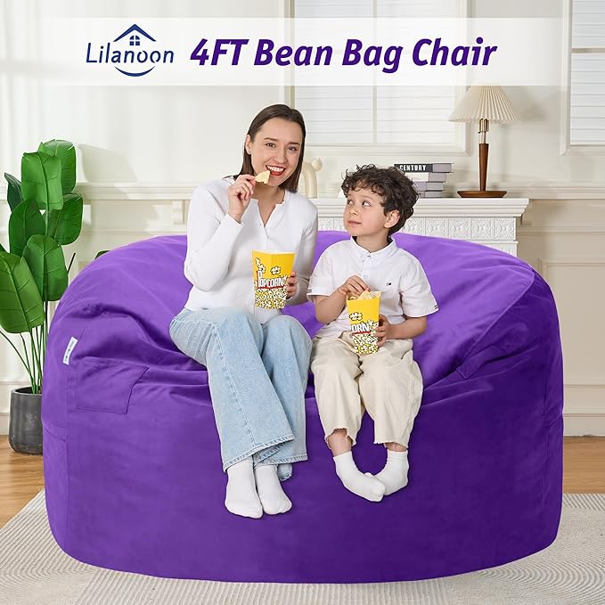 4FT Bean Bag Chair with Ultra Soft Velvet Cover Bean Bag Sofa with Memory Foam Bean Bag Chairs with Large Size Lazy Sofa for Dorm Office Living Room Bedroom Purple 4'