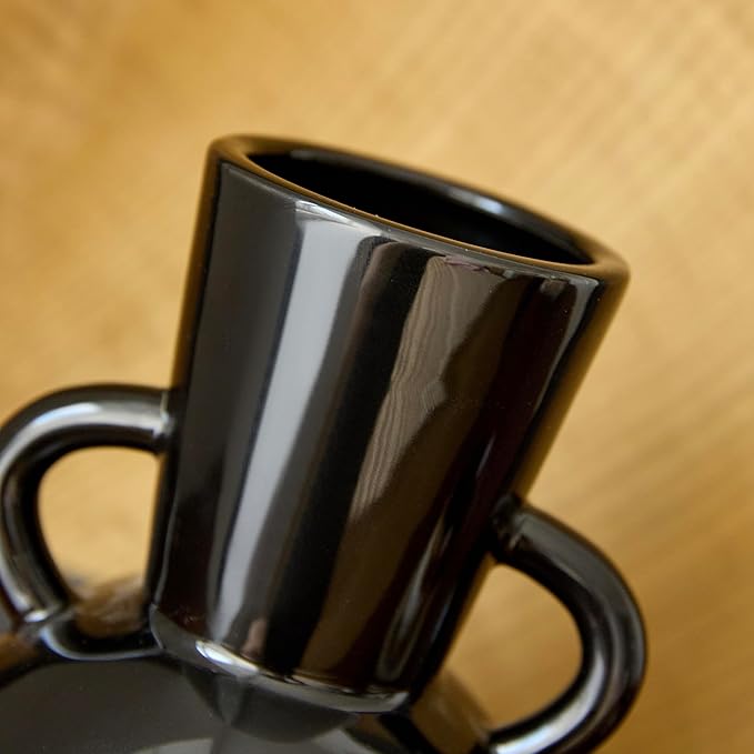 7 Inch Black Ceramic Vase with 2 Handles, Modern Flower Vase Decorative Vases for Bouquet, Unique Vases for Home Decor Farmhouse Living Room Table Centerpieces Wedding Decorations