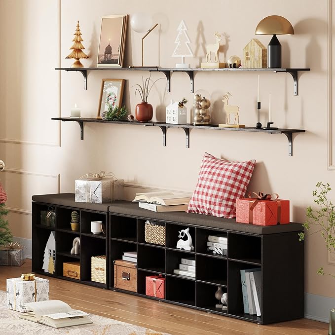 DINZI LVJ Shoe Storage Bench with Cushion, 13-Cubby Shoe Rack, Adjustable Shelves, Multifunctional Shoe Organizer Bench for Entryway, Mudroom, Hallway, Living Room, Bedroom and Garage, Espresso