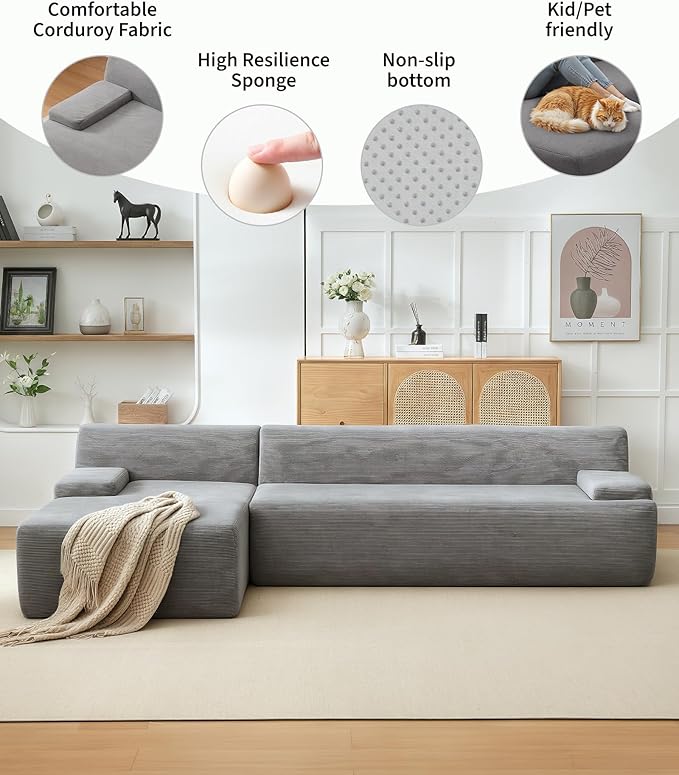 Garvee 108'' Modular Sectional Sofa, Left Facing Chaise L-Shaped Boneless Couch, Ultra Deep Seat Modern Sectional Sofa for Living Room, 5mm Wale Corduroy Fabric, Gary