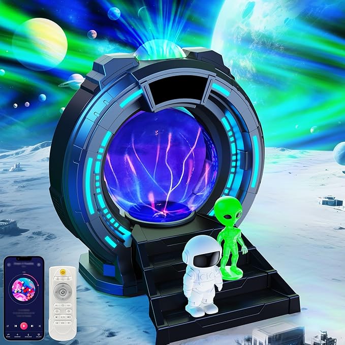 8-in-1 Sci-Fi Gateway Galaxy Projector Nebula Night Light for Kids Adults Teens with Plasma Ball, Alarm Clock, Bluetooth Speaker, White Noise, 8 Color Night Lights & Alien Astronaut for Bedroom Decor