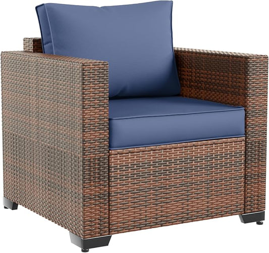 Amopatio Wicker Outdoor Sofa & Patio Couch Set - High Back Waterproof Patio Furniture Single Armrest Chair with Non-Slip Cushions, Outdoor Furniture Cover, Blue