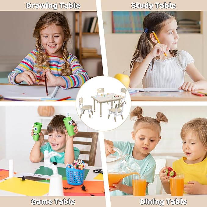 Kids Table and 4 Chairs Set, Height Adjustable (17.7"-26.1") Toddler Table and Chair Set, Multi-Activity Table with Graffiti Desktop, Children’s Table and Chairs for Classroom, Home & Daycare