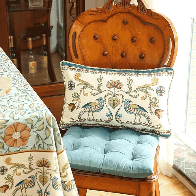 patdrea Designer Rectangle Throw Pillow Covers Set of 2,Farmhouse Blue Linen with Birds Floral Pattern Pillow Cover,Decorative Lumbar Pillowcases Cushion for Bed Living Room Outdoor Car,12"x20"