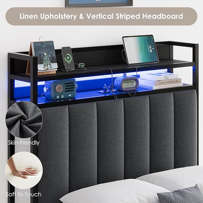 Keyluv Twin Bed Frame with Storage Headboard & Charging Station, Upholstered LED Platform Bed with Bedside Storage Rack & Drawer, Metal Slat Support, No Box Spring Needed, Linen Fabric, Black