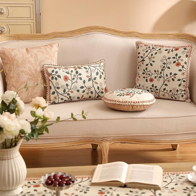 Design Linen Classic Throw Pillow Covers 12"x20" Pack of 2, French Farmhouse Rectangle Cushion Covers with Orange White Floral Pattern Decor Pillowcases for Bed,Living Room,Outdoor,Car