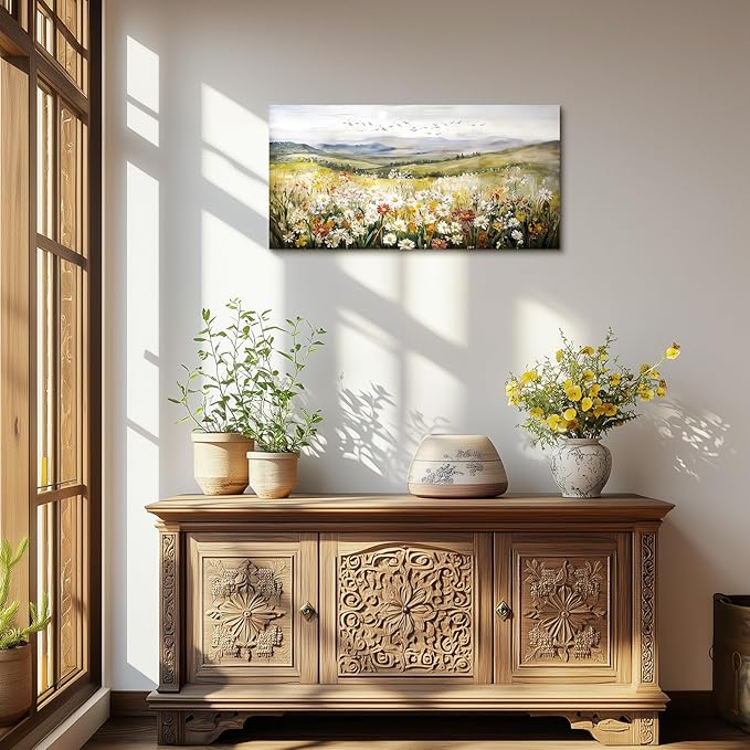 SERIMINO Green Rustic Landscape Wall Art, Mountain Floral Field Large Artwork, Meadow Daisy Scenery Canvas Prints, Nature Wildflower Wall Pictures for Living Room Kitchen Cottage Farmhouse 20X40 Inch