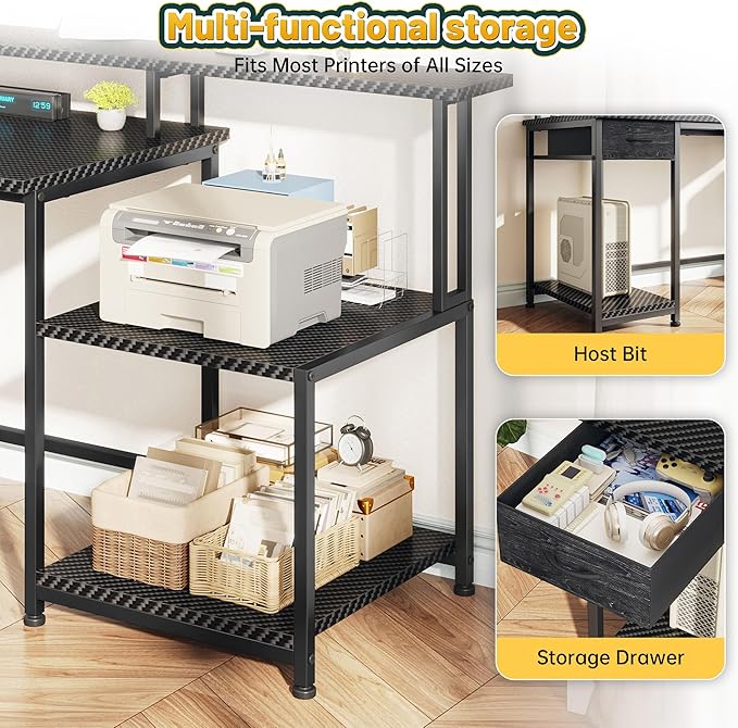 55" W Gaming Desk, Computer Desk with LED & Power Outlet, Office Desk with Printer Storage Shelves & Storage Drawer, Study Table with Monitor Shelf, Dorm Room Essentials, Black