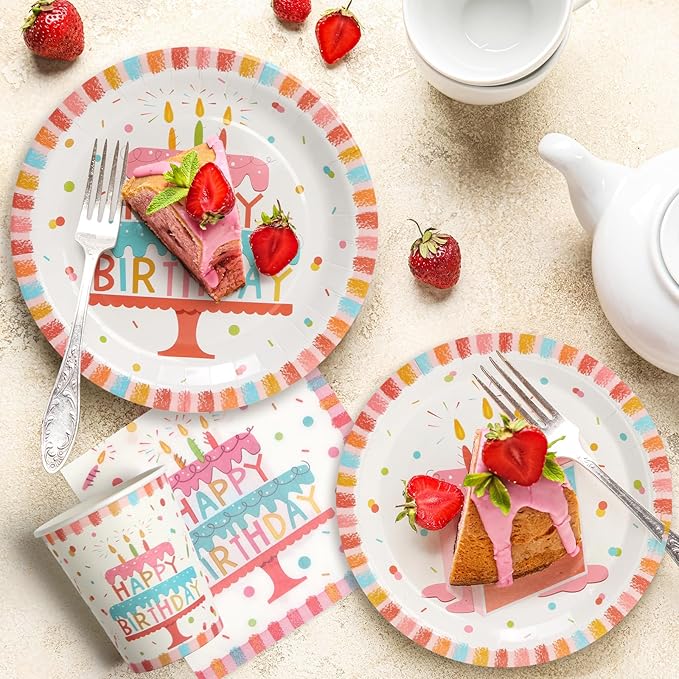 100pcs Birthday Party Plates Disposable Tableware Set Birthday Cake Pattern for 25 Guests Kid's Party Table Supplies（Include Plates, Cups and Napkins）