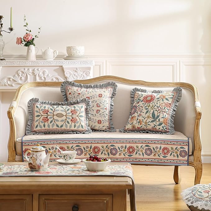 Orange Throw Pillow Covers Set of 4,Cottage Rustic with Blooming Floral Pattern Linen Pillowcases,Decorative Round Square Lumbar Pillows Cushion Covers for Couch Sofa Bed Chair Car