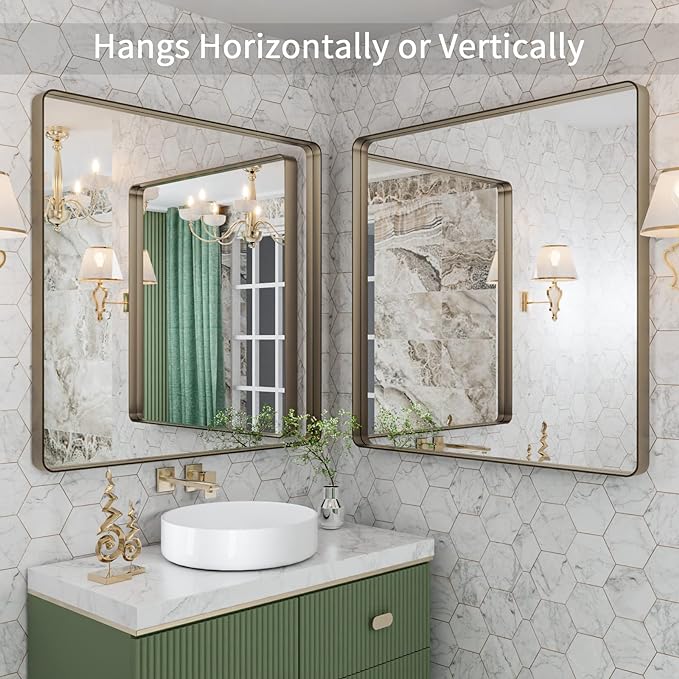 LOAAO 36”X36” Bronze Bathroom Mirrors for Vanity, Rounded Rectangle Brushed Bronze Metal Frame Mirror, Anti-Rust, Tempered Glass, Hangs Horizontally or Vertically