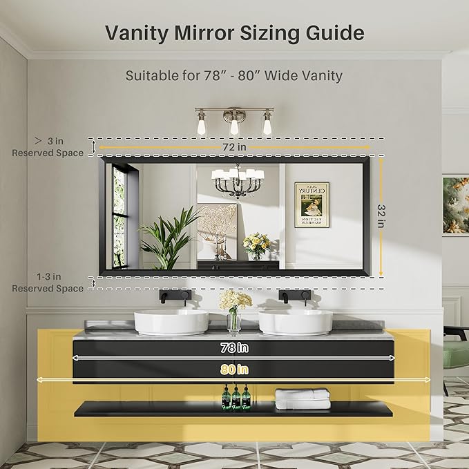 72x32 Inch Black Bathroom Mirror for Wall, Thick Metal Framed Rectangle Mirrors for Over Sink, Bedroom, Living Room, Entryway, Anti-Rust, HD Tempered Glass