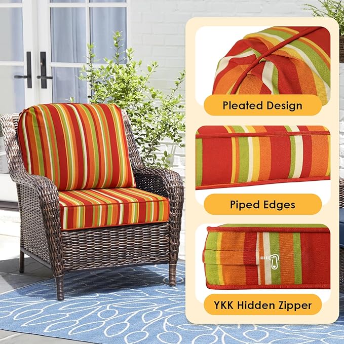 Outdoor Cushions for Patio Furniture Set of 2, 24"x24" Water Repellent Chair Cushions Removable Seat Bottom & Back Cushion Covers for Chair, Sofa, Couch, Rainbow Stripe