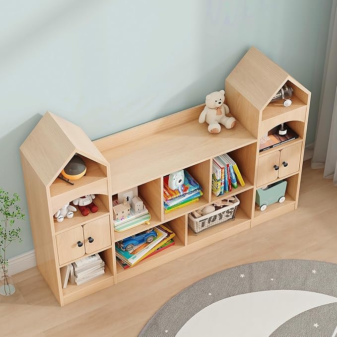 Vabches Kids Bookcase and Toy Storage Organizer, Children Bookshelf, Castle Shape, Playroom Furniture Multipurpose Shelf for Toddlers to Organize Toys and Books Magic Castle, Oak