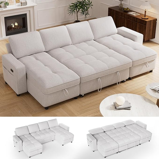 Vipbear Sleeper Sectional Sofa, 105" U Shaped Couch with Pull Out Bed, Convertible Chenille Cloud Sofa with Reclining Backrest | Double Storage Chaise | USB Ports | Tool-Free Assembly | Beige
