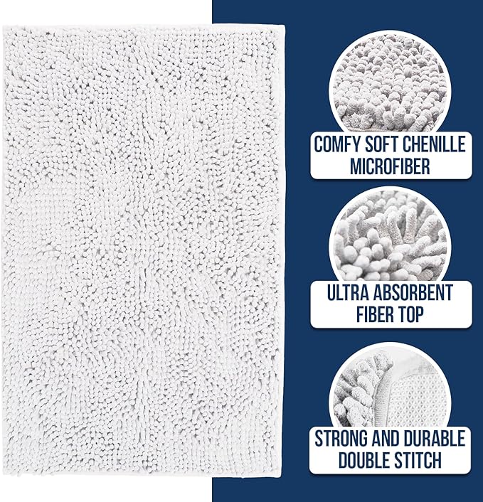 Muddy Mat Chenille Bathroom Rugs Quick Dry Microfiber Mats Non Slip Washable, Extra Thick, Soft and Highly Absorbent Bath Mats for Bathroom, Kitchen, and Shower Floor - White XL 59"X35"