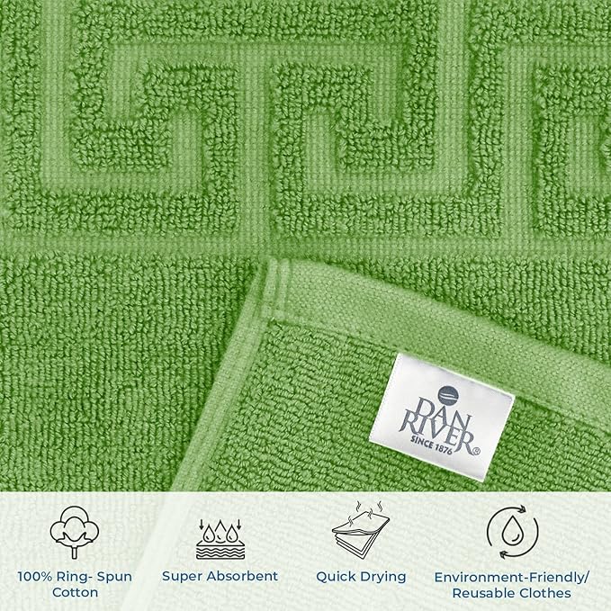 DAN RIVER Greek Bath Mat - Green, 100% Ring Spun Cotton, Pack of 2, 20x32 inches, 800 GSM, Non-Slip, Absorbent, Quick Drying, Machine Washable Bathroom Floor Mats for Shower, Kitchen & Bath