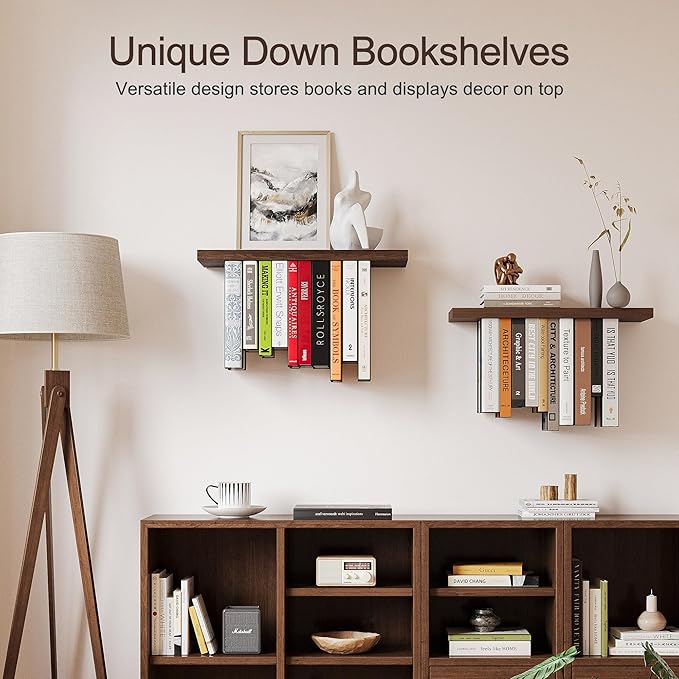 Floating Bookshelves for Wall, Rustic Wood Hanging Wall Bookshelf, Upside Down Book Shelf and Wall Mounted Bookshelves for Home Decor in Bedroom, Living Room, Carbonized, 2 Pack