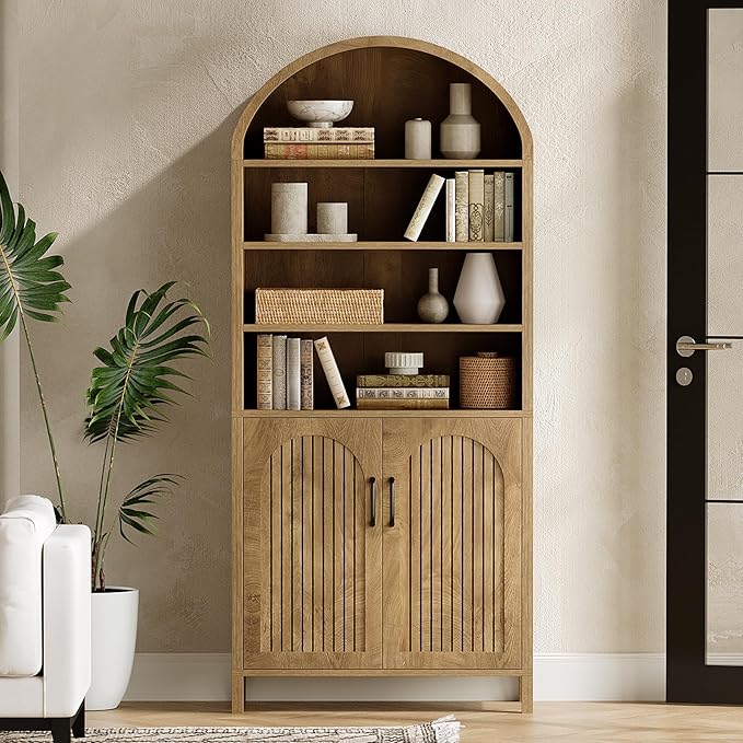 LITTLE TREE 70.9 Inches Tall Arched Bookcase, 8-Tier Bookshelf with Doors & Adjustable Shelves, Farmhouse Big Bookcase for Living Room, Large Vertical Storage Cabinet for Home Office, Oak Color