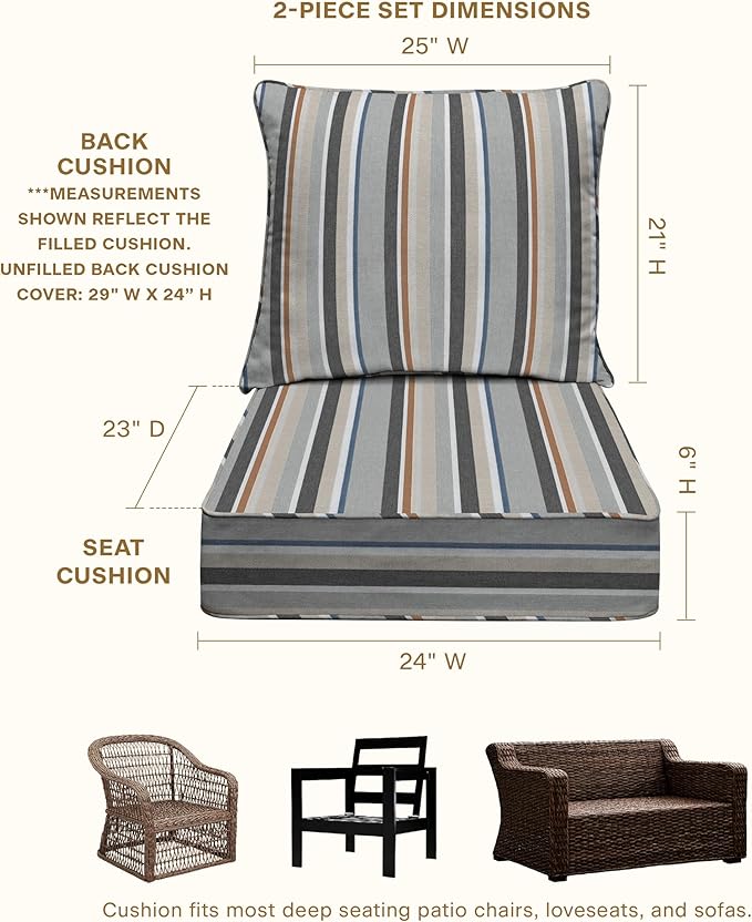 Honeycomb Outdoor Deep Seat, 24 x 23, Stripe Stone Beige Chair Cushion for Patio Furniture