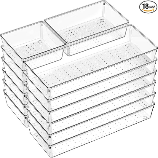 Criusia 18 Pcs Large Size Clear Drawer Organizer Set, Acrylic Non Slip Non Cracking Kitchen Drawer Storage Tray Divider, Multifunctional Storage for Cosmetics, Bathroom, Tools, Kitchen and Office